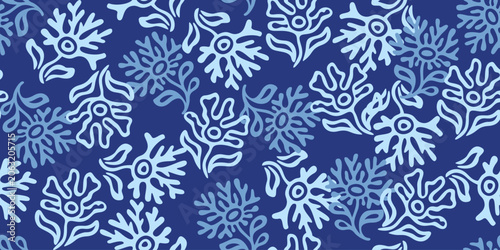 Abstract Coastal Floral Seamless Pattern, Marine Ocean Life Vector Background, Nautical Botanical Sea Grass Flora Wallpaper for Fabric, Textile, Summer Home Decor Print, Gift Wrap, Apparel, Packaging 
