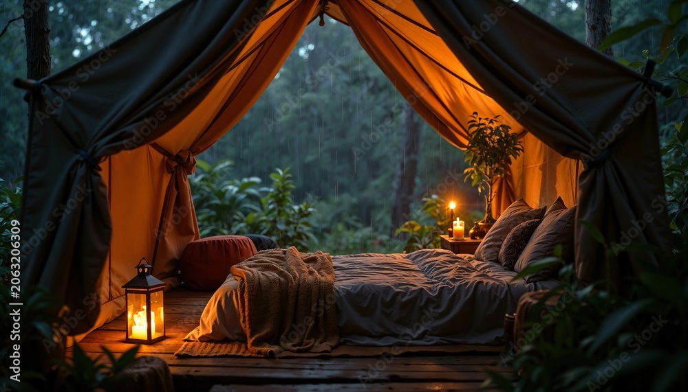Fototapeta premium This photo captures a luxurious outdoor getaway, or glamping, with a beautifully lit tent nestled in a dense forest