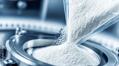 Fine chemical powder pours from a metallic container.