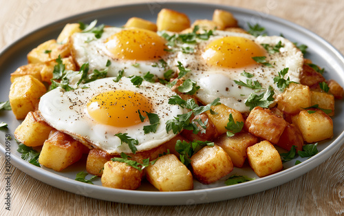 Rustic breakfast plate with crispy potato hash, sunny-side eggs, and fresh parsley in cozy kitchen light.