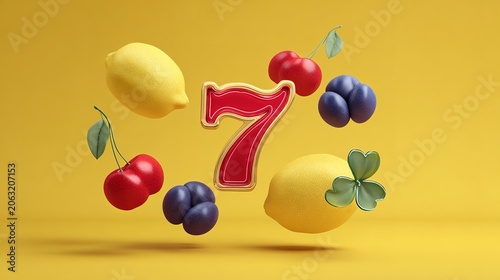 Bright yellow background with floating fruit and a number seven.