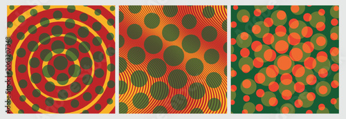 Psychedelic abstract geometric background vector set with optical illusion patterns and vibrant colorful polka dots.