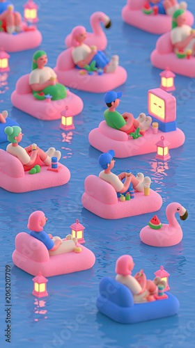 Flat 3D Illustration People Watching Movie Floating Pool Loungers Outdoor Cinema Night