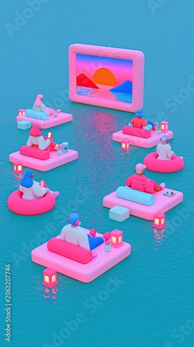 Flat 3D Illustration Outdoor Movie Night Floating Platforms Sunset Screen Reflection Water