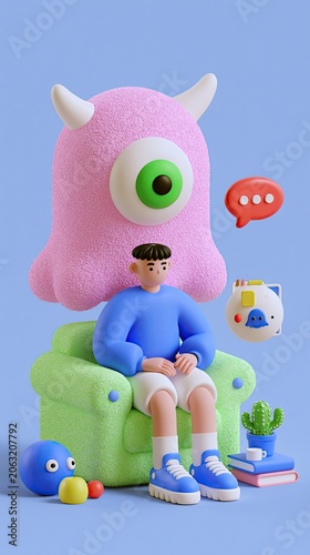 Flat 3D Illustration Man Collaborating With Pink Monster Character Cute Office Idea Concept