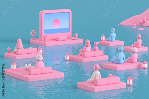 Flat 3D Illustration Outdoor Movie Screening Floating Platforms Teal Water Mountain Backdrop