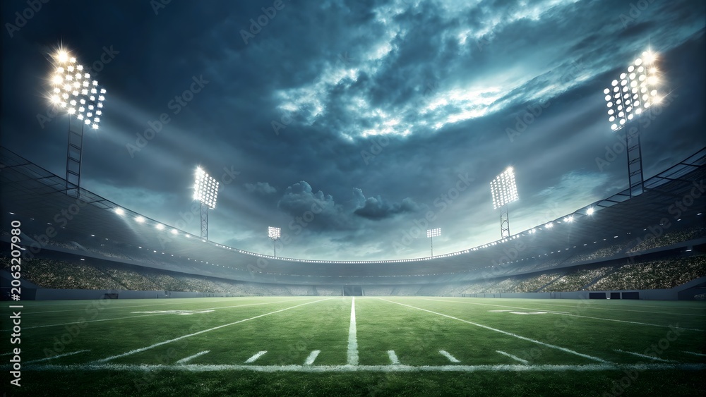 Fototapeta premium Illuminated Football Stadium at Night with Dramatic Sky and Spotlights