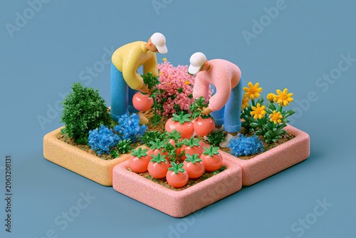 Miniature 3D Clay Figures Harvesting Tomatoes in Pastel Urban Garden Beds