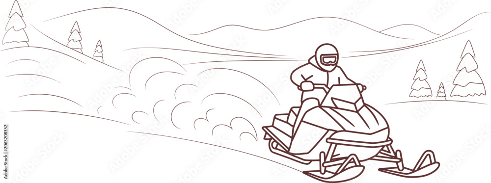 Obraz premium Snowmobile rider, winter sports, outdoor adventure, red line art illustration
