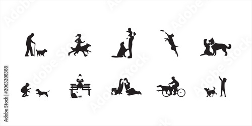 Bild auf Leinwand Group people all ages activities with dogs vector silhouette set collection