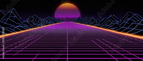 Vibrant neon grids stretch toward a glowing sun