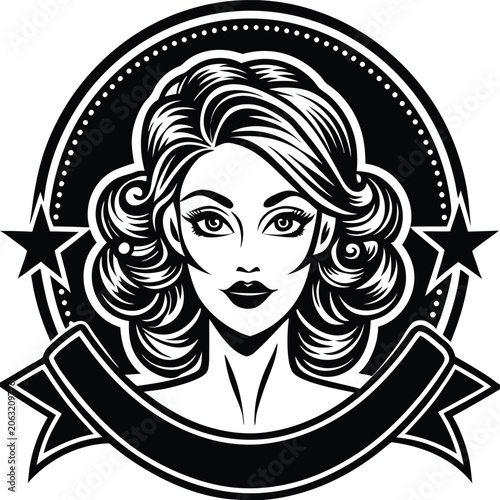 Vintage Woman Portrait Emblem with Stars and Ribbon
