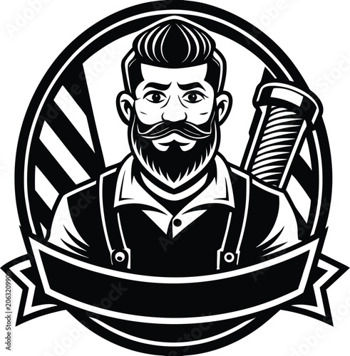 Bearded Man Emblem With Barber Pole Tool Keywords: man, beard, mustache, emblem, logo, barber
