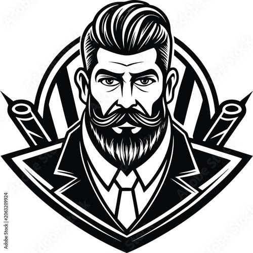 Bearded Man Emblem With Crossed Tools Keywords: man, beard, mustache, emblem, logo, barber