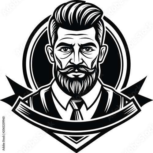 Bearded Man Emblem With Tie Keywords: man, beard, mustache, emblem, logo, barber, vintage, retro