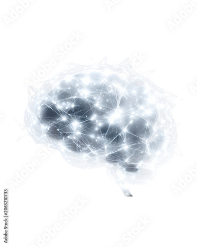 Glowing neural network brain made of connected light nodes and lines isolated on transparent background