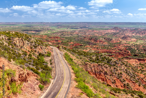 Highway through the famous Texas Palo Duro Canyon state park