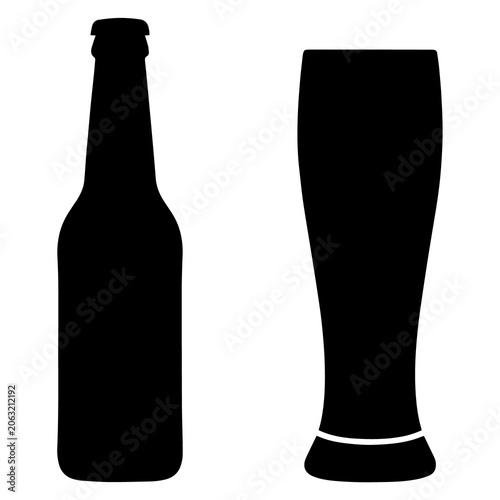 Bilde på lerret Beer bottle and tall pilsner glass silhouette set with beverage silhouette isola