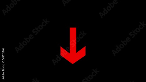 A bright red arrow pointing down isolated on a solid black background, representing direction, navigation, and digital interface design elements for web and mobile graphics