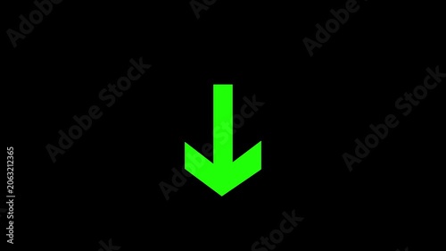 Bright neon green arrow pointing down isolated on a solid black background representing direction and navigation