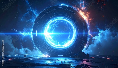 A futuristic blue portal with a glowing ring and beams of light on a metallic surface