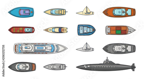 Foto Top view set of various boats yachts and marine vessels