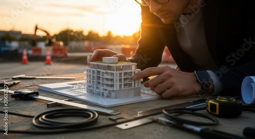 Architect Reviewing Building Model At Construction Site During Sunset