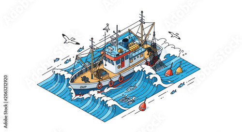 Tableau sur toile Isometric fishing trawler boat at sea with seagulls and waves