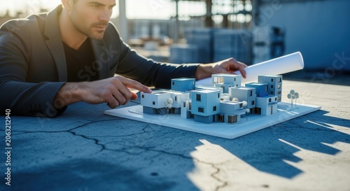 Architect Reviewing Building Model With Blueprint Outdoors