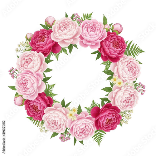 A beautifully arranged wreath of pink and red roses with green leaves. isolated on transparent background