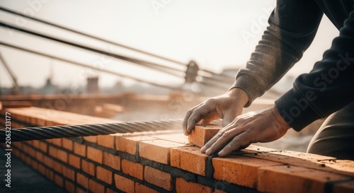 Close Up Of Construction Worker Hands Laying Brick On Building Site