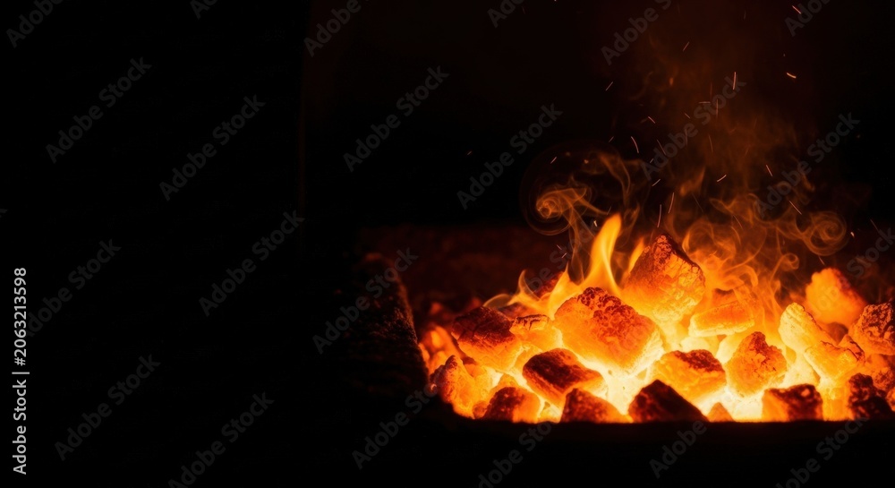 Fototapeta premium Glowing flames on burning coals creating a vibrant fire scene. Warm fire illuminates surrounding darkness, creating a cozy atmosphere for relaxation. Concept of a fire pit for outdoor gatherings.