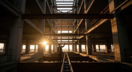 Architect Inspecting Futuristic Building Frame At Sunset