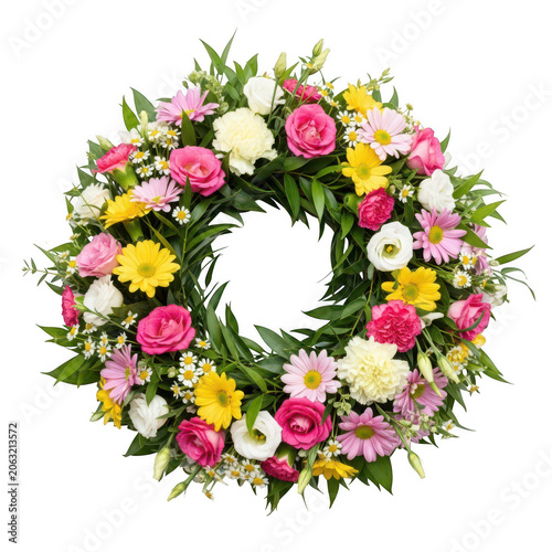A vibrant and colorful wreath made of fresh flowers and greenery. isolated on transparent background