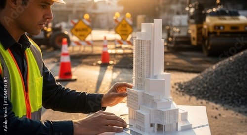 Architect Reviews Building Model At Construction Site With Sunset Lighting
