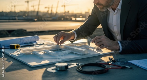 Architect Working On A Detailed Building Model Outdoors At Sunrise