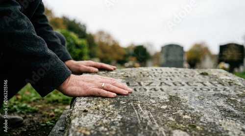 Person visiting grave with hands resting on stone, paying respects to loved one named Elizabeth with birth year 1941 and passing year marked 2021.