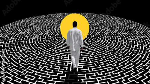 man walking into glowing spiral maze representing challenge mystery decision making and journey through complex life path concept