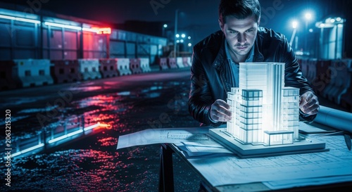 Architectial Visionary Examines Luminous Building Model Night