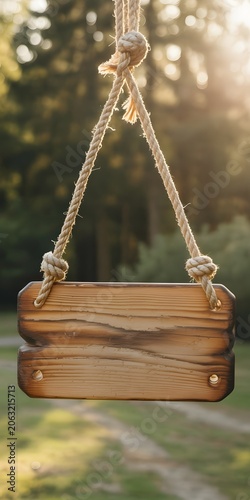 Rustic Wooden Sign Hanging from Rope in Nature for Information, Advertising and Marketing Messages. High-quality professional photograph featuring a rustic wooden sign board suspended by a rope 