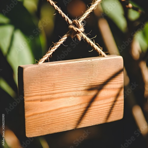 Rustic Wooden Sign Hanging from Rope in Nature for Information, Advertising and Marketing Messages. High-quality professional photograph featuring a rustic wooden sign board suspended by a rope 