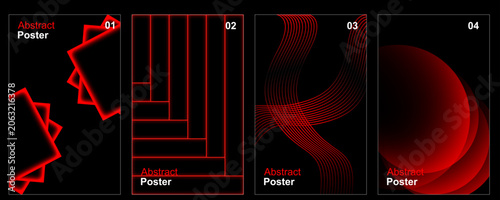 Abstract Geometric Neon Poster Set, Glowing Square Frame Background Collection, Modern Minimal Line Art Design, Futuristic Optical Perspective Shapes on Black Background Templates