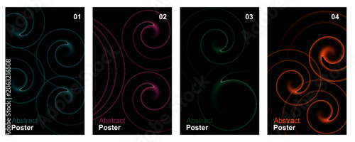 Modern Abstract Spiral Light Poster Design Bundle, Neon Glow Swirl Background, Futuristic Circular Motion Art, Dynamic Energy Curves on Dark Backdrop for Marketing Templates