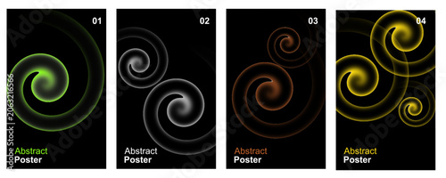 Modern Abstract Spiral Light Poster Design Bundle, Neon Glow Swirl Background, Futuristic Circular Motion Art, Dynamic Energy Curves on Dark Backdrop for Marketing Templates