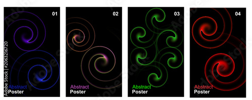 Abstract Neon Spiral Poster Set, Glowing Swirl Light Background Collection, Futuristic Energy Vortex Design, Modern Circular Wave Lines, Dark Luxury Template for Flyer Cover Banner