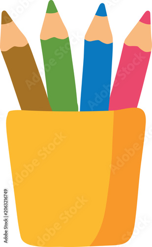 Colorful pencils in a yellow holder isolated on transparent background. Cute school supplies vector illustration for education, classroom, stationery, learning and creative design projects.