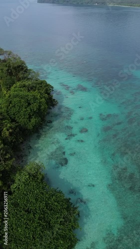 Top Down Aerial Of Green Island Shore And Coral Reef Bommies