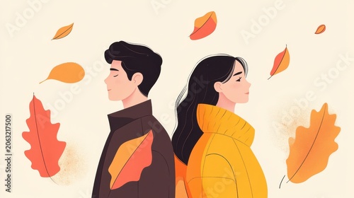 Autumn couple standing back to back with falling leaves