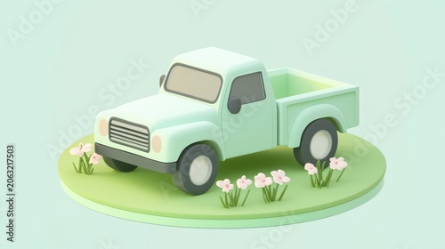 3d illustration of pastel green pickup truck with flowers