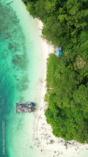 Top Down Aerial Along Jungle Island Beach With Tour Boat